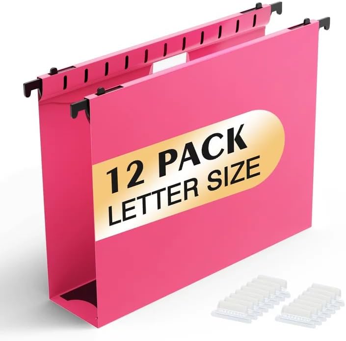 SHUTEX Extra Capacity Plastic Hanging File Folders,12 Pack Reinforced Hang Folders,Heavy Duty 2 Inch Expansion,Plastic Filing Cabinet Folders,Letter Size,Designed for Bulk Files, Medical Charts,Pink - Image 1